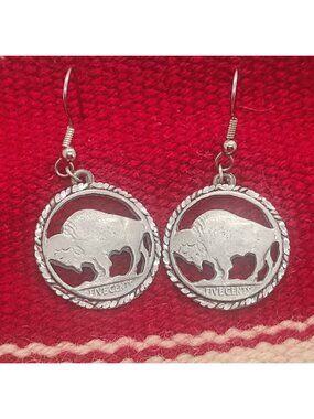 Vtg EJC 97 Pewter Buffalo Nickel Five Cents Coin Dangle Earrings Cutout Silver
